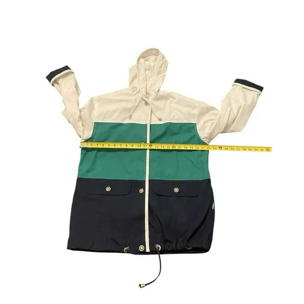 Vintage IZZI Jacket Womens Small White Blue Green Nautical‎ Grandpa Striped - Image 3