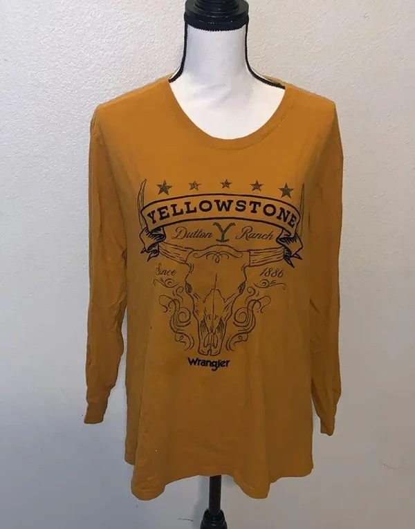 Wrangler Western Yellowstone Mountain Dutton Ranch Bull Skull Long Sleeve Top - Image 3