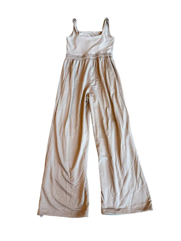 Outfeel Square Neck Tan Stretch Jumpsuit Full Length Wide Leg Flowy Size Medium - Image 7