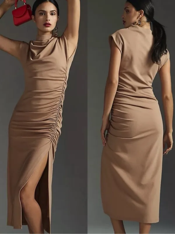 ANTHROPOLOGIE Maya Ruched Cowl Tan Sleeveless Slit Midi Dress - Image 2