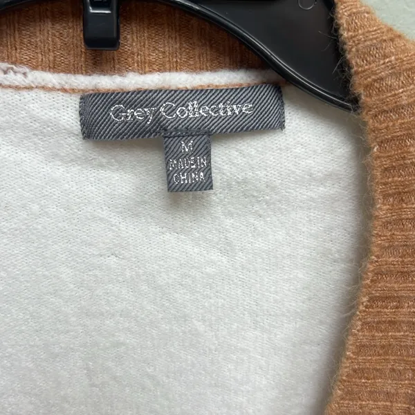 White and Brown Cardigan with Color-Blocked Collar - Image 2