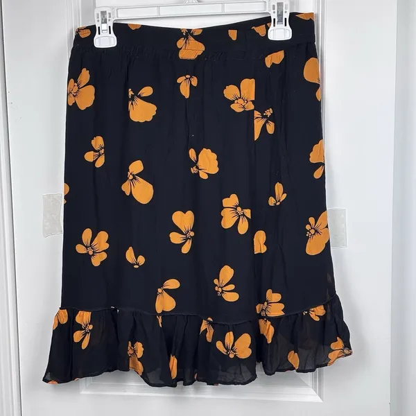 Women's Black Orange Floral Ruffle Hem Midi Skirt Elastic Waist Boho Size XL - Image 3