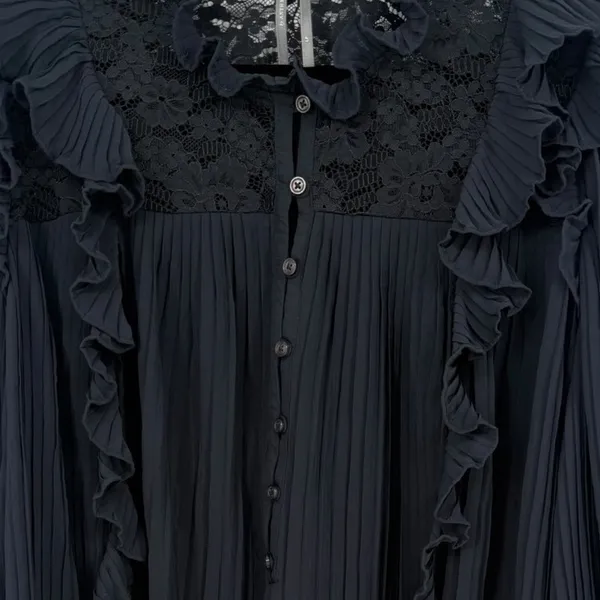 Anthropologie Pleated Ruffled Sheer Lace Blouse‎ Top Black Size LP Whimsigoth - Image 8