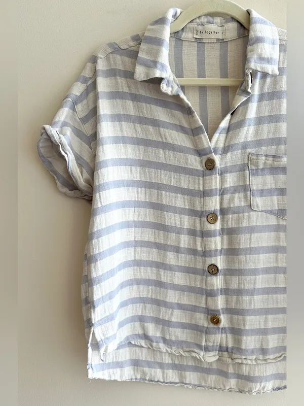 By Together Short Sleeve Button Down Striped Shirt, White/Periwinkle, Size Small - Image 2