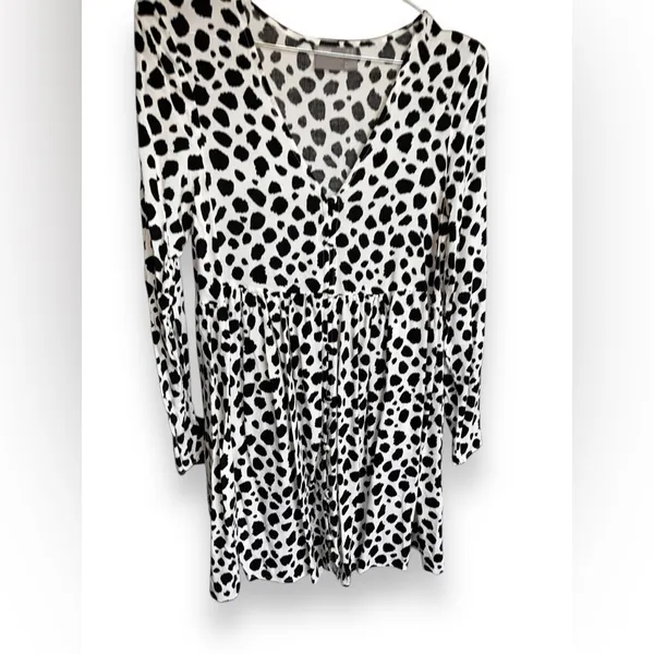 ASOS Dalmatian Spot Print Babydoll Dress Long Sleeve V Neck NWOT Womens 4 - Image 3