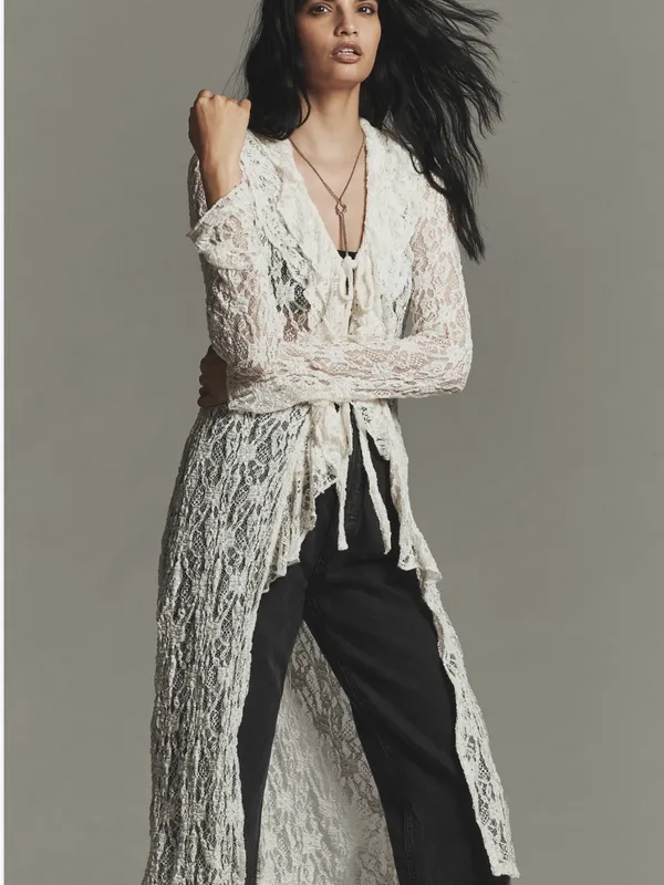 American Vintage Vintage Cream Lace Open Front Robe Duster Cardigan Size Small - Image 12