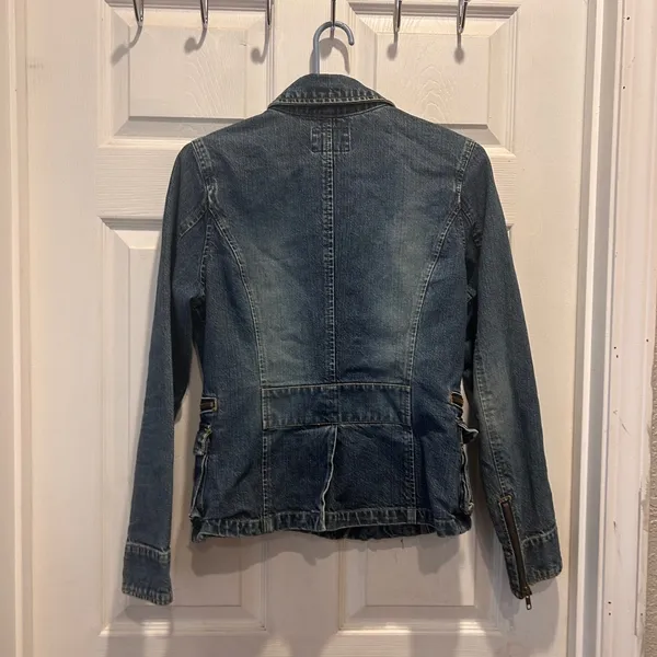 Old Navy Womens Medium Blue Denim Military Safari Jacket Zip Cargo Pockets Y2K - Image 8