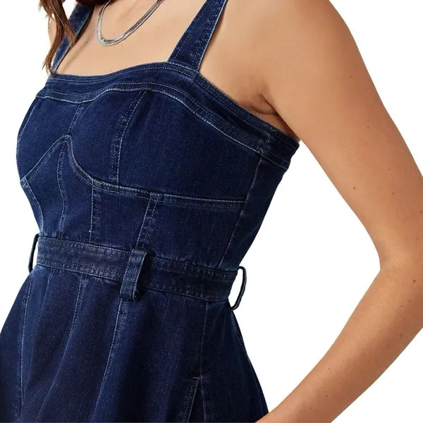 Free People Dark Indigo Denim Mini Dress Size L It has pockets on the sides. - Image 4