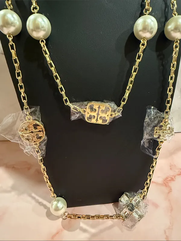 Tory Burch | Gold Plated, Crystal & Pearl Long Station Necklace - Image 3