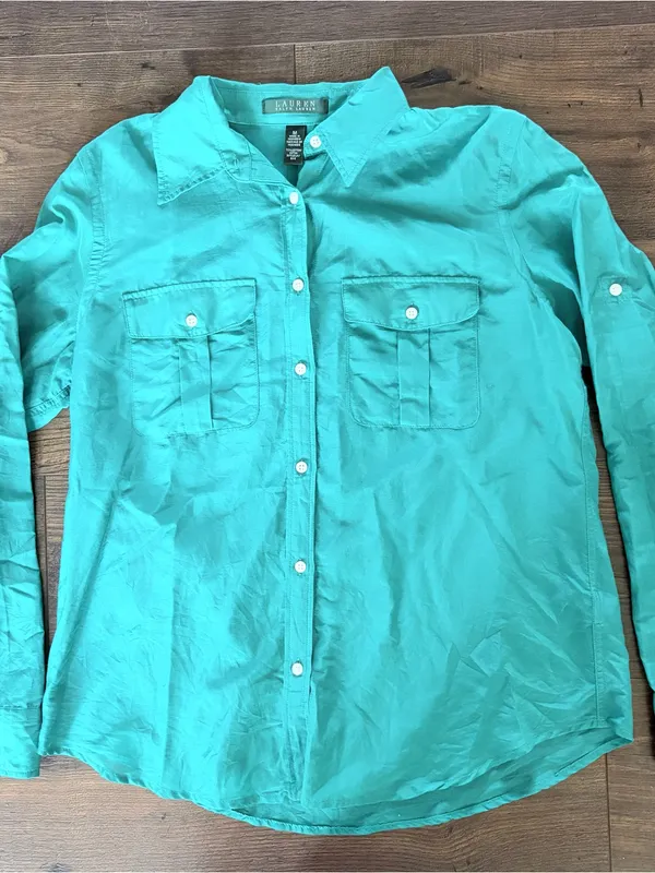 LAUREN Ralph Lauren Silk Blend Teal Turquoise Button Down Shirt Women Medium - Image 4