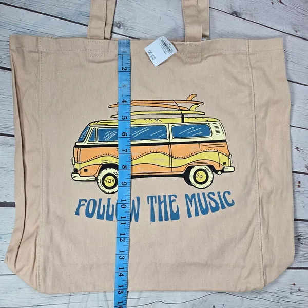American Eagle Canvas‎ Tote Bag Follow The Music Van Surfboard Graphic Beige - Image 9