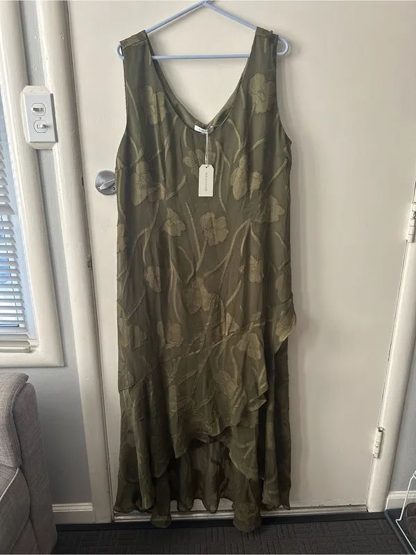 Olive Green Sleeveless V-Neck High-Low Floral Dress - Image 3