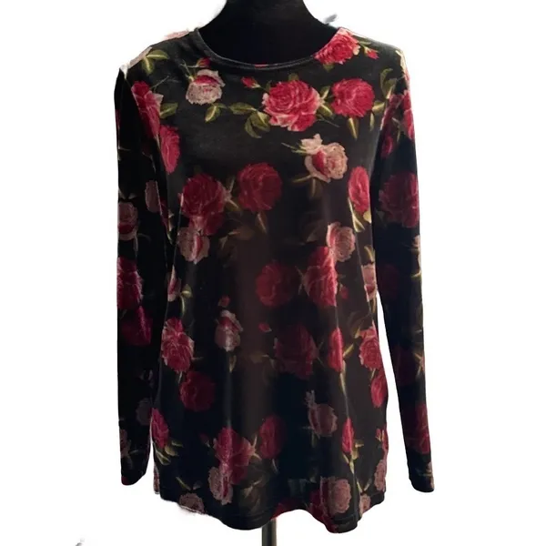 Notations Velvet Floral Rose Print Long Sleeve Top Black Red Women L Whimsigoth Dark Fairy - Image 3