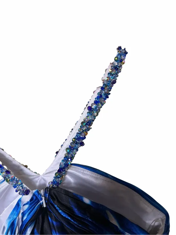 Cache Y2K Rhinestone Halter Blue Abstract Maxi Homecoming/ Prom Dress Size 10 - Image 8