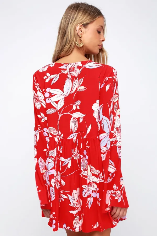 Free People Bella Red Floral Print Tunic long sleeve mini dress - Image 5