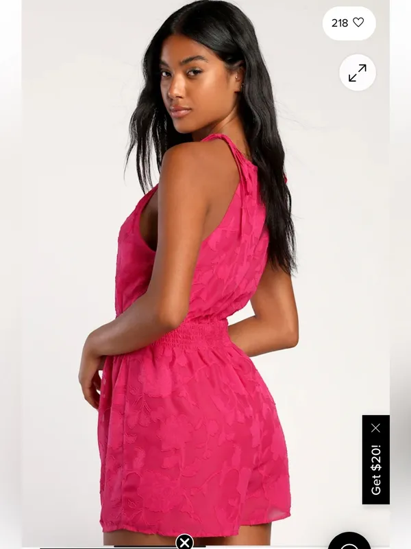 Lulus Here for the Fun Magenta Burnout Floral Jacquard Romper XS Coquette - Image 3