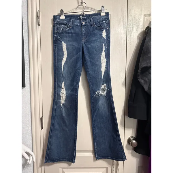 7 For All Mankind A Pocket Distressed Flare Jeans Destroyed Y2K Indie Sleaze - Image 2