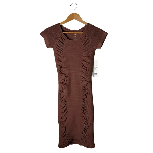 AURA Ruched Bodycon Dress Women Large‎ Brown NWT Cutout Back Ribbed Knit Sheath - Image 3