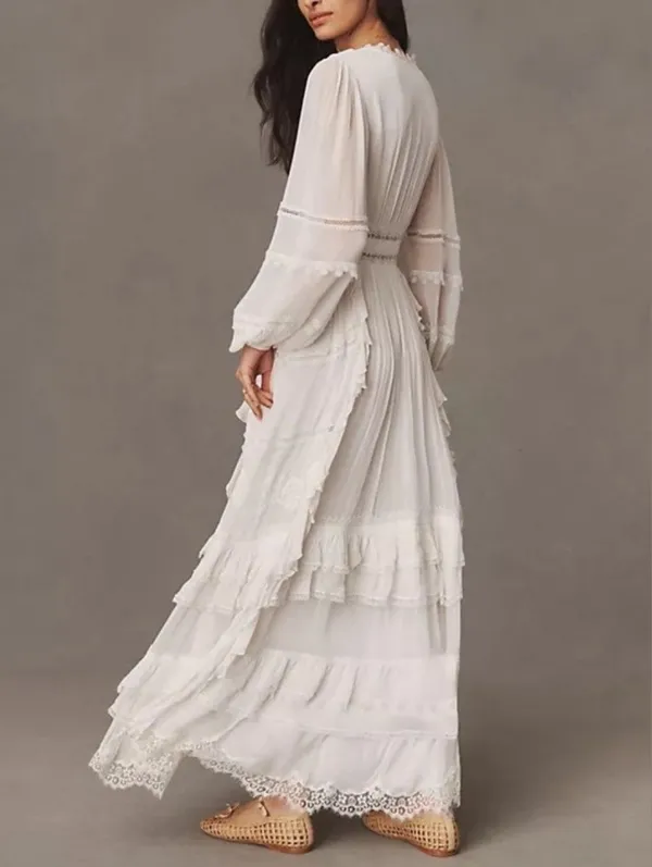Rococo Sand Mia‎ Long-Sleeve Ruffled Maxi Dress White Lace V-Neck Boho Resort XS - Image 4