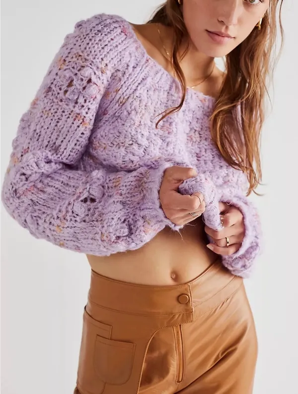 Free People Womens Sunset Cloud Pullover Sweater Purple Chunky Knit Crop Top - Image 6