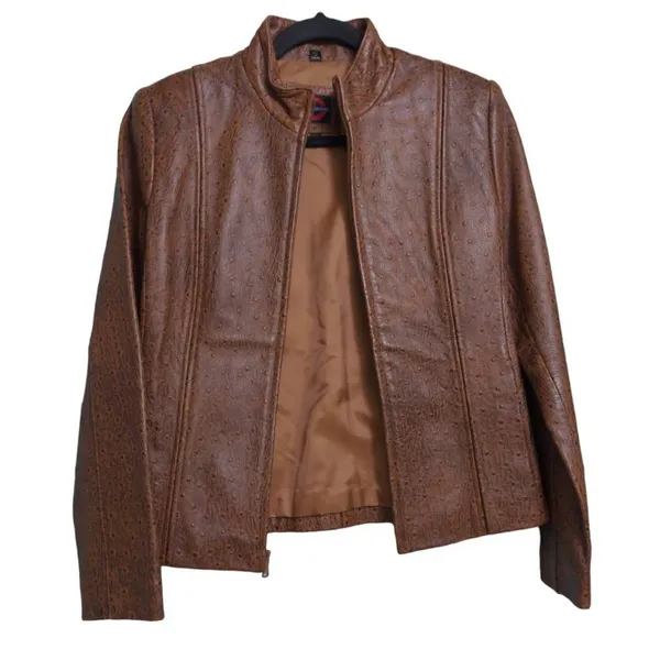 London Underground Moto Jacket Brown Animal Print Ostrich Leather Mandarin S - Image 3