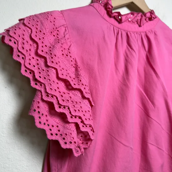 THML Women Cotton Top Medium Pink Eyelet‎ Ruffle Preppy Garden Party Resort - Image 4