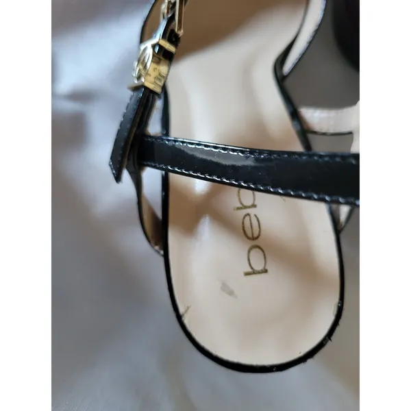 Bebe Women’s Chunky High Heel Shiney Black Ankle Strap Sz 8 Gold Buckle - Image 11
