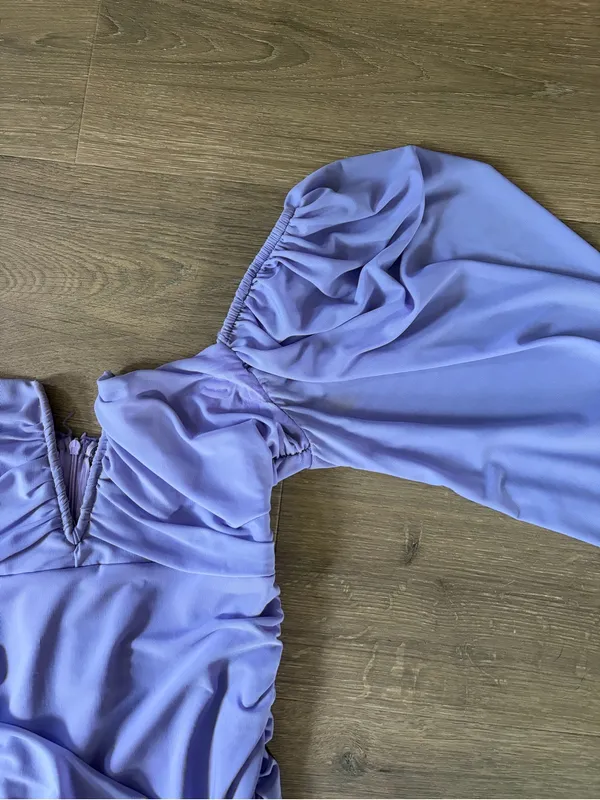 Lilac V-Neck Puff-Sleeve Ruched Mini Dress - Image 3