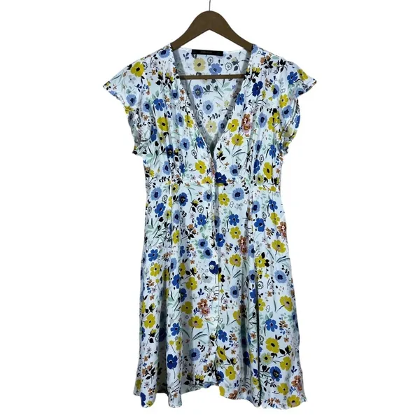Zara Basic Floral Print Button Front Mini Dress White Blue Yellow Boho Size S - Image 2