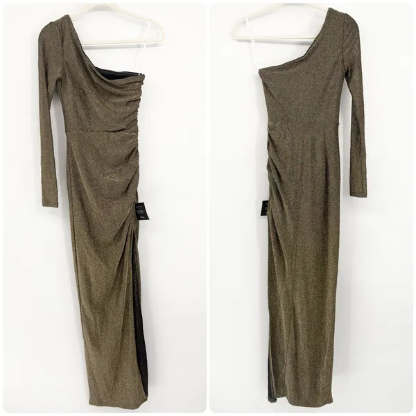 NWT Lulus Womens Precious Prize Gold Metallic Glam One‎ Shoulder Maxi Dress XS - Image 3