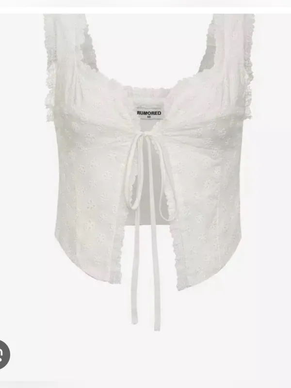 Rumored Vineyard Haven White Eyelet Lace-Trim Tie-Front Crop Top Medium - Image 2