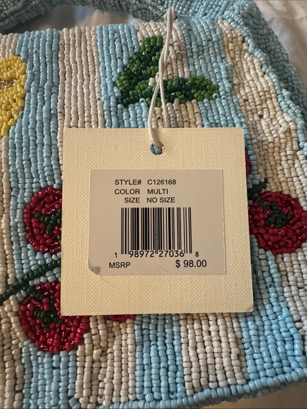 Sol and Mer Beaded Light Blue Striped Top-Handle Bag with Pasta and Tomato Motif - Image 3