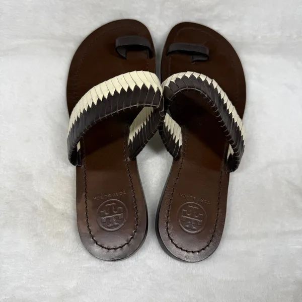Tory Burch Woven Leather Toe Loop Flat Sandals Brown Cream Size‎ 7 - Image 7