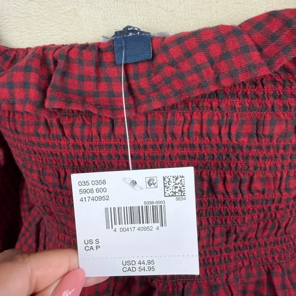 New American Eagle Long-Sleeve‎ Smocked Ruffle Plaid Top Red Gingham Women Small - Image 7