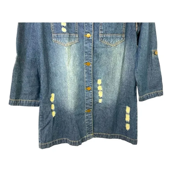 Woman Distressed Denim Jacket Shirt Dress Medium Medium Wash Long Sleeve - Image 6