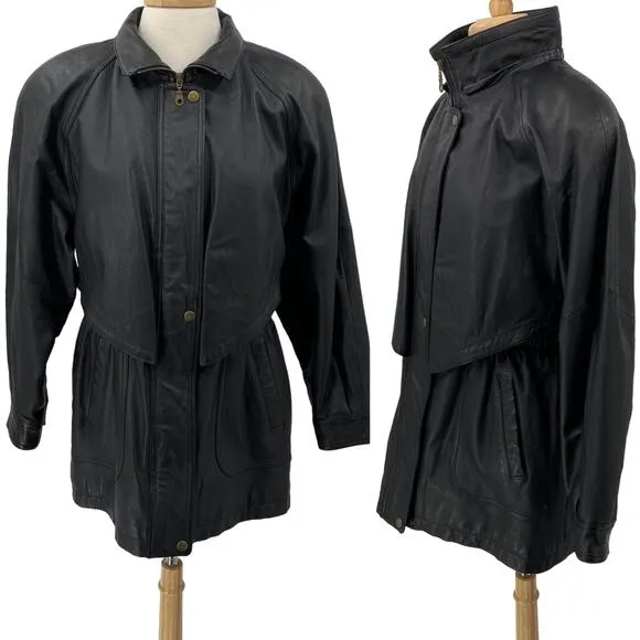 Vintage Genuine Leather Jacket Longline Layered Full Front Zipper Womens Medium - Image 2