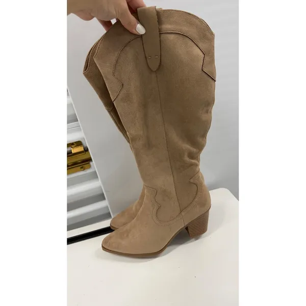 Tan Faux Suede Western Knee High Boots Pointed Toe Block Heel Size 8.5 - Image 5