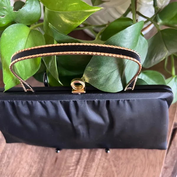 Vintage Ande Black Satin Evening‎ Bag Gold Handle Clutch Party Purse Formal - Image 9