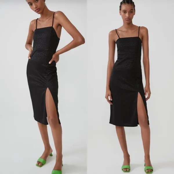 Zara Textured Weave Printed Slit Midi Dress in Black Size‎ Large - Image 2