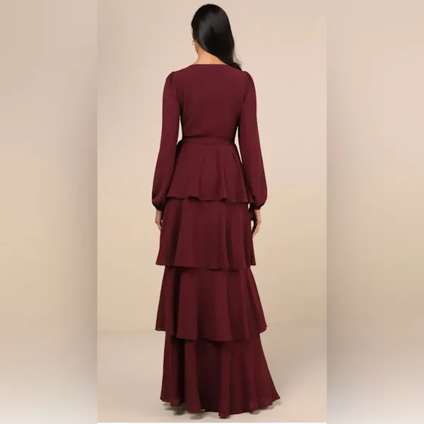 NWT Lulus Marvelous Grace Plum Long Sleeve Tiered Wrap Maxi Dress Size XS - Image 3