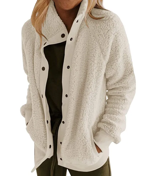 Sherpa Fleece Jacket Warm Long Sleeve Button Down Fuzzy Faux Wool with Pockets S - Image 2