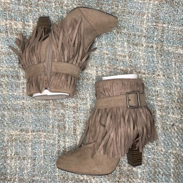 Qupid Women Almond Toe Belted Fringe Ankle Bootie in Taupe - Image 6