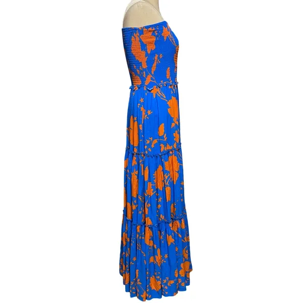 Abel The Label XS Maxi Dress Blue Orange Floral Smocked Strapless‎ Wedding Guest - Image 4