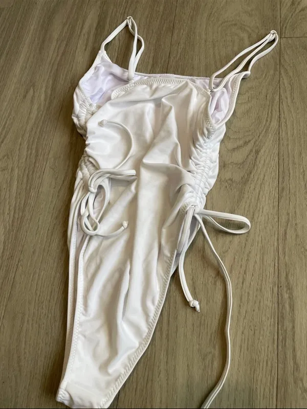 White Ruched One-Piece Swimsuit with Side Ties - Image 2