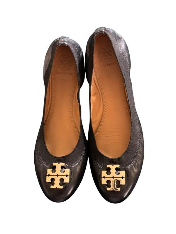 Tory Burch Elastic Ballet Flats Sz 7 Black Leather/Sole Gold Logo Medallion - Image 2