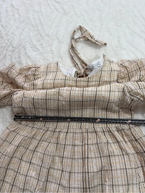 English Factory Plaid Puff Sleeve Tiered Midi Dress Small Neutral Cottagecore - Image 6
