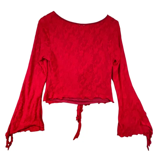 Red Lace Tie‎ Front Top Bell Sleeves Square Neck Women's Size Large - Image 2