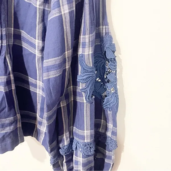 Free People Size Small Darling Diane Lace Top Blue White Flannel Plaid - Image 5