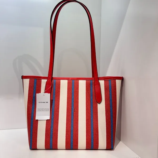 NWT Coach CT824 Small City Tote With Stripe Print Canvas Leather Chalk/Red Multi - Image 3