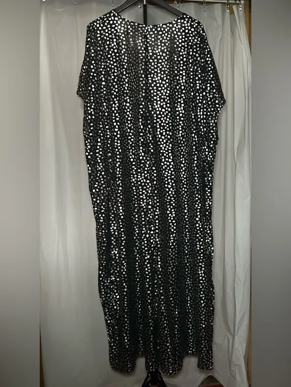 Swimsuits For All Black & Silver Polka Dot V-Neck Swim Coverup with Self Tie - Image 4